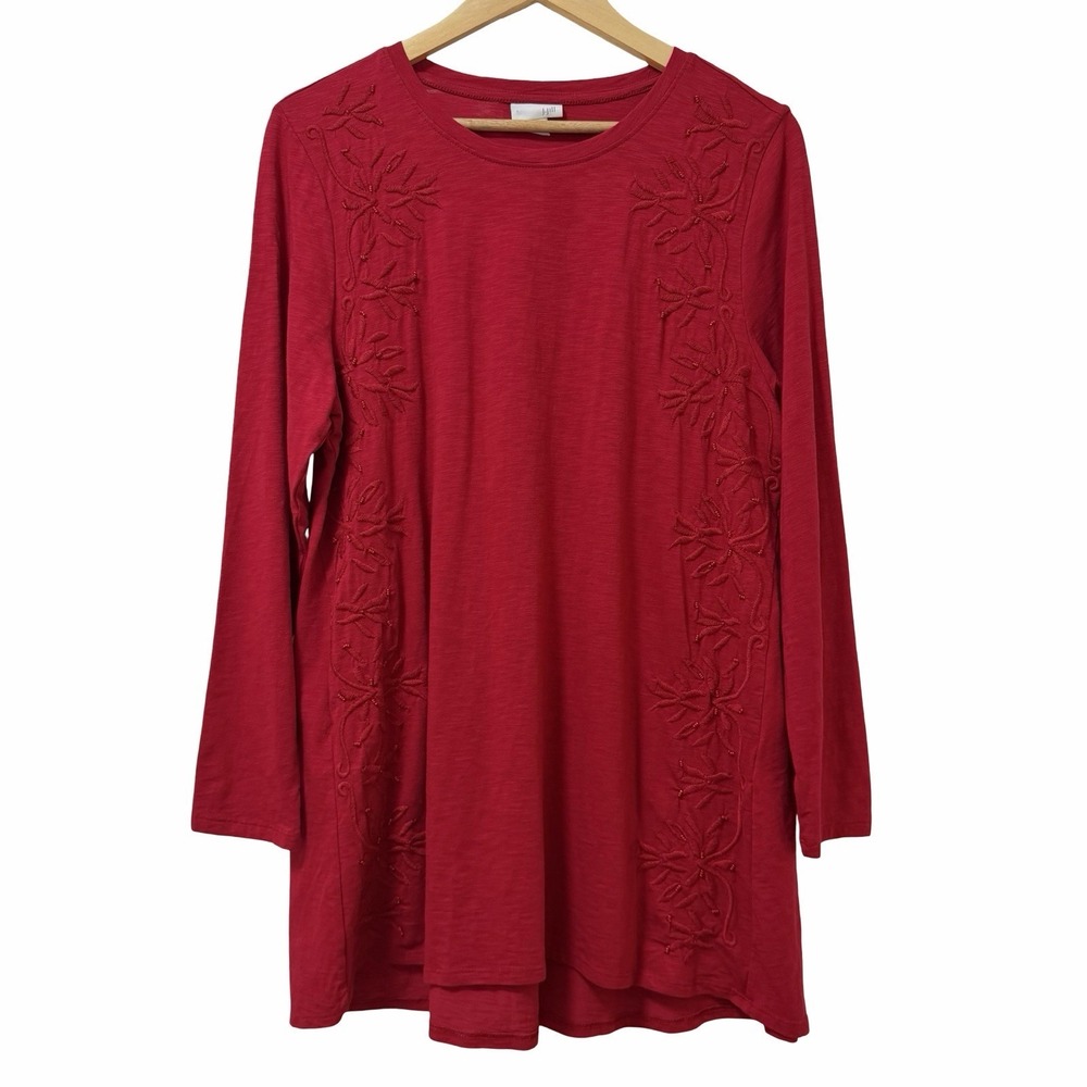 J Jill Womens Beaded Embroidered Tunic Top Size L Cherry Red Casual Everyday